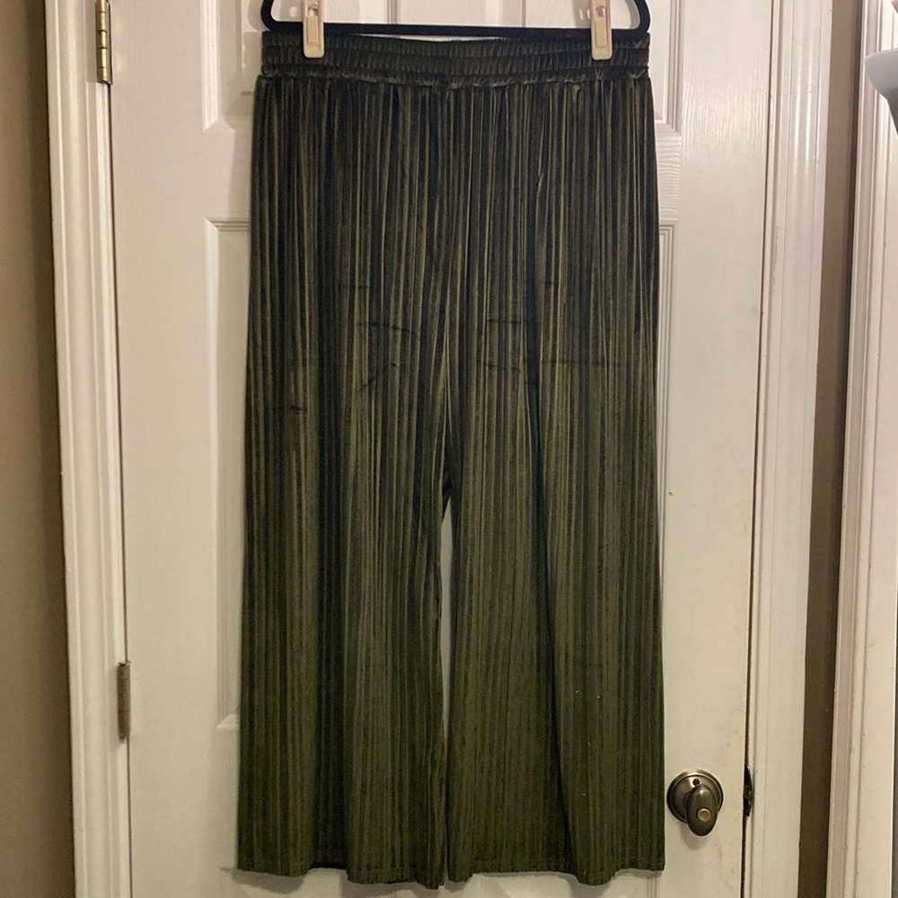 Olive Green Striped Wide-Leg Pants